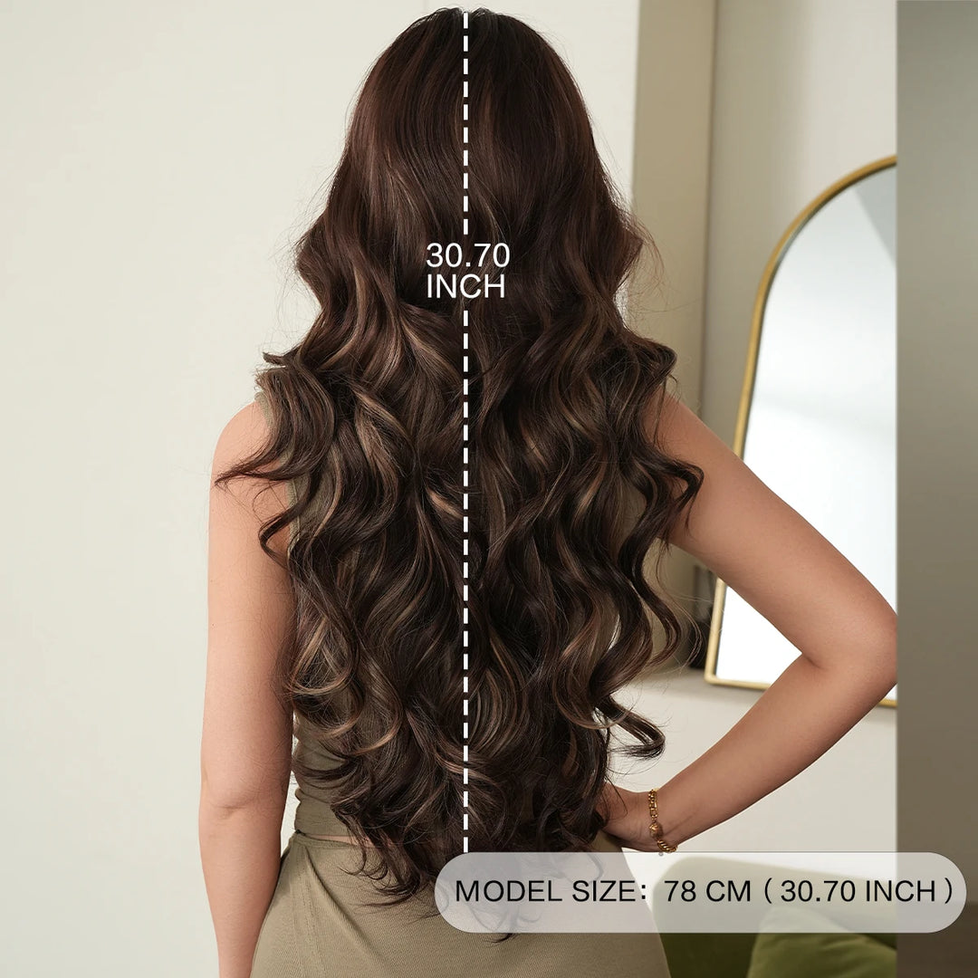 30-inch long curly highlighted brown synthetic hair wig. Made from heat-resistant fiber for a natural matte finish. Peluca.