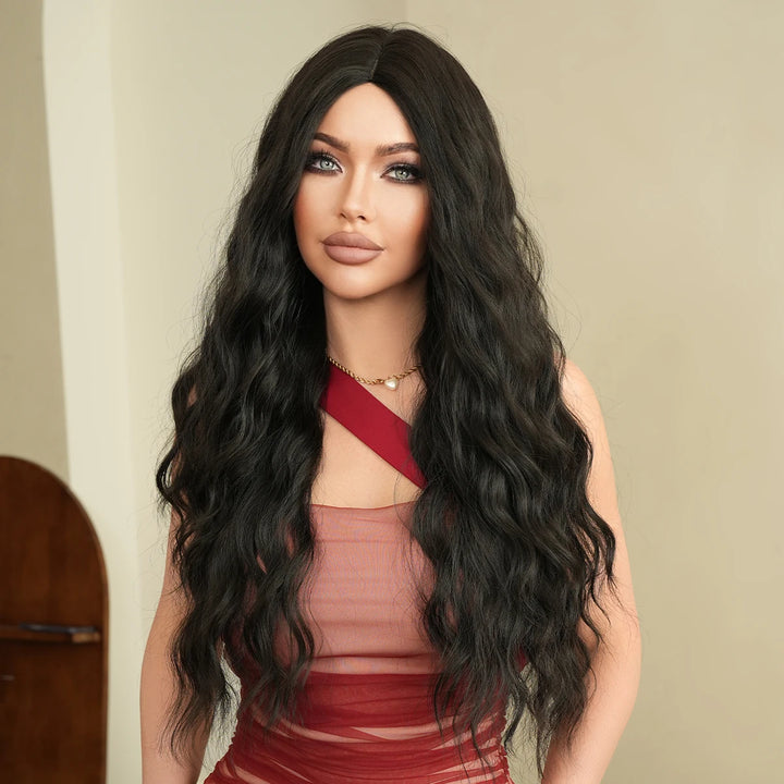 30 Inch Natural Black Long Curls Synthetic Heat Resistant Wig for Women with Middle Part Water Waves Hair. Features a Slit Matte Hair Wigs Peluca.