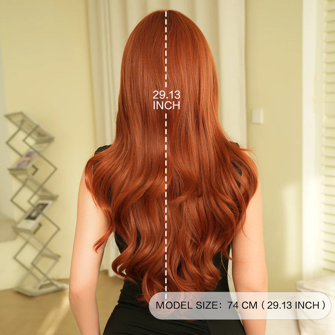 30 Inch Copper Orange Long Curly Synthetic Wig with Bangs for Women - Heat Resistant, Natural Hairline, Matte Finish - Perfect for Cosplay