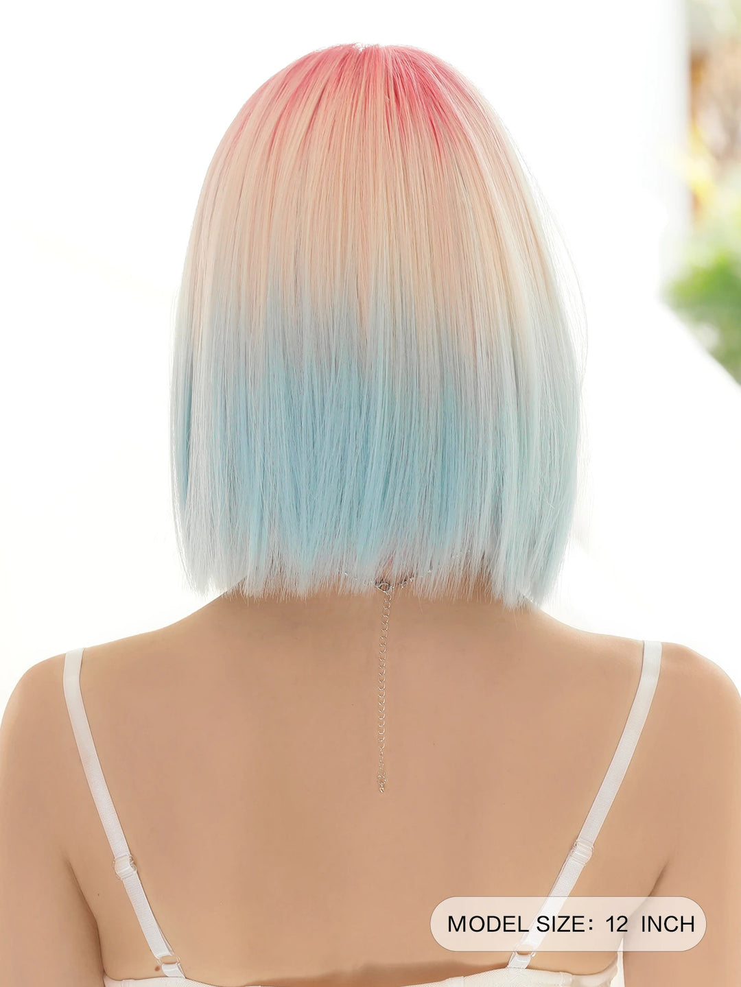 Ombre colored bob wig with bangs, perfect for cosplay or everyday wear.