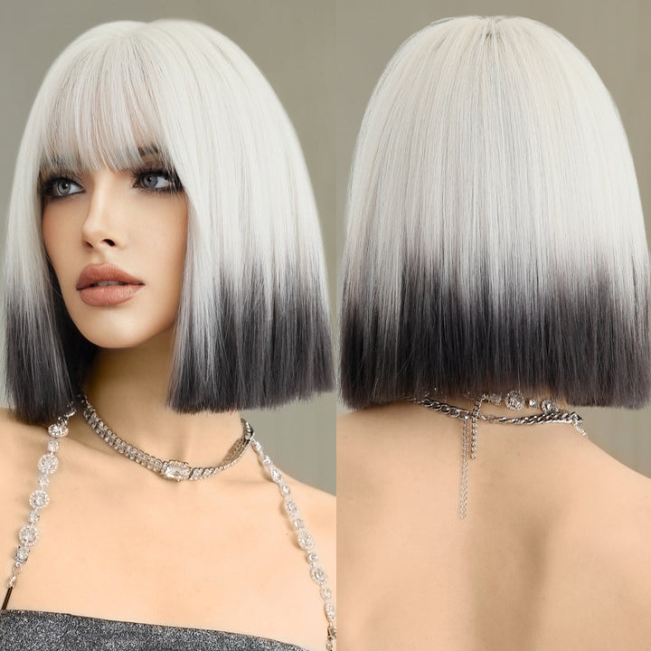 Ombre colored bob wig with bangs, perfect for cosplay or everyday wear.