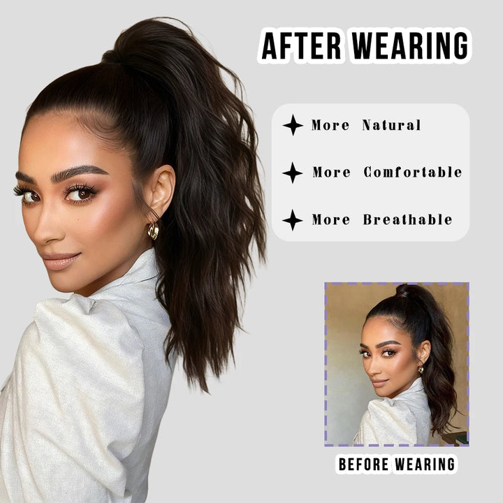 18 Inch Women's Van Dyke Brown Wig Adjustable Size Black Curly Ponytail Synthetic Hair and Black Wig Clip