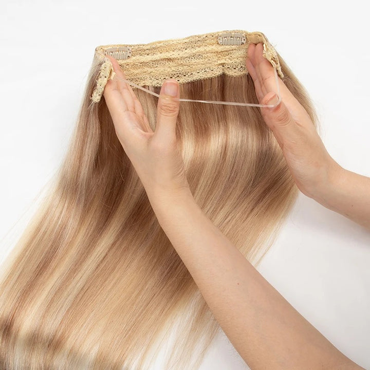 Invisible Wire Line Clip-in Human Hair Extensions - One Piece Straight Blonde Natural Hair Extensions in lengths 12" to 24" with Fish Line and 4 Clips.