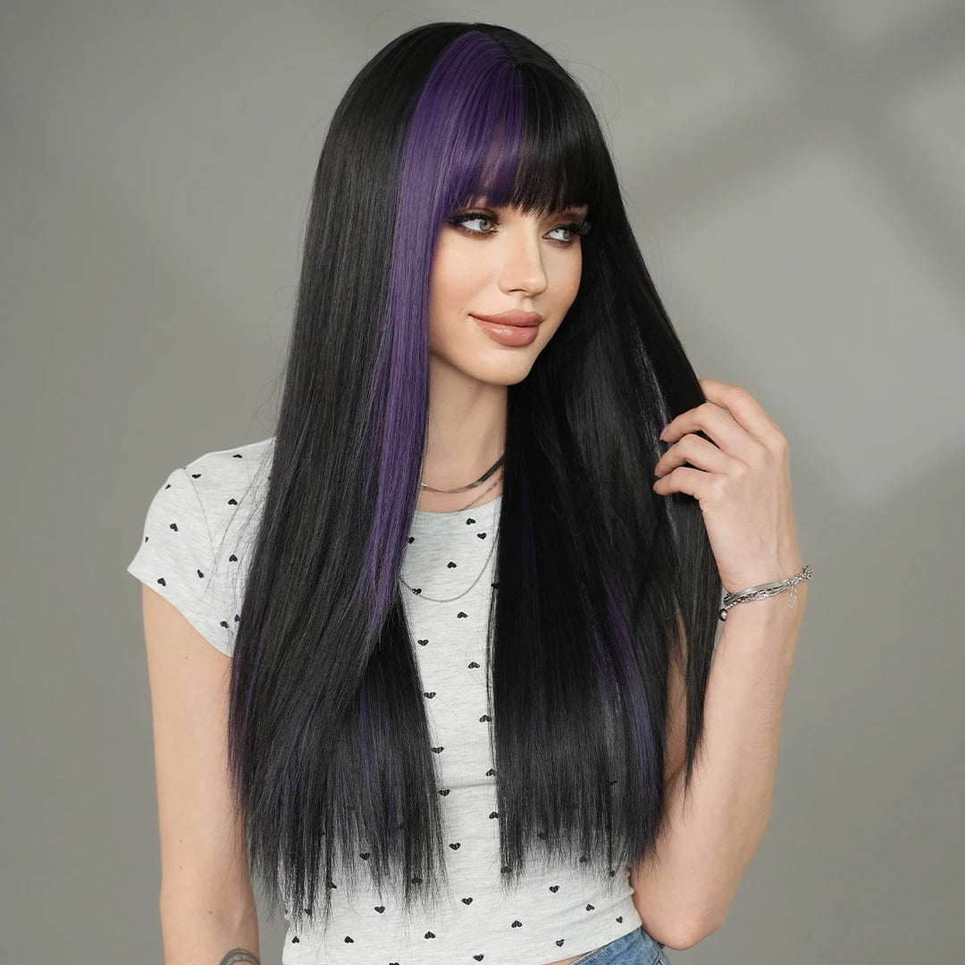 Orange Blonde Long Straight Wig with Bangs Synthetic Cruella De Vil Costume Hair Wig for Women Cosplay Anime Party Halloween.