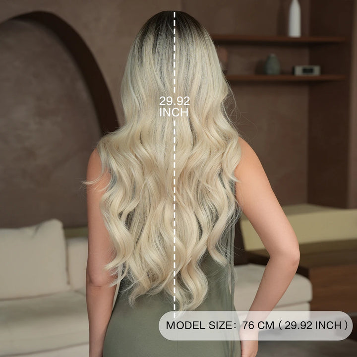 30 Inch Ombre Platinum Blonde Long Curls Synthetic Wig for Women. Heat Resistant with Natural Hair Slit. Matte White Hair Wigs. Peluca