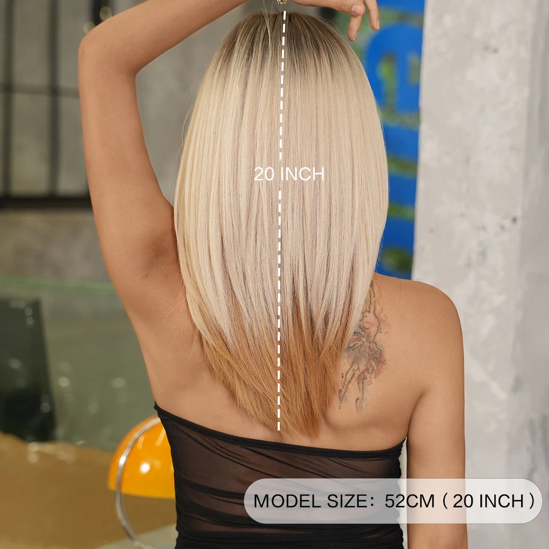 Ombre Blonde Wigs for Women Medium Length Straight Layered Synthetic Wigs With Bangs