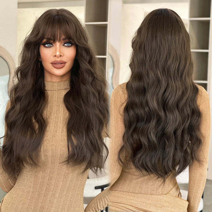 30-inch Extra Long Brown Curly Hair with Bangs Synthetic Matte Hair Wig for Women Heat Resistant