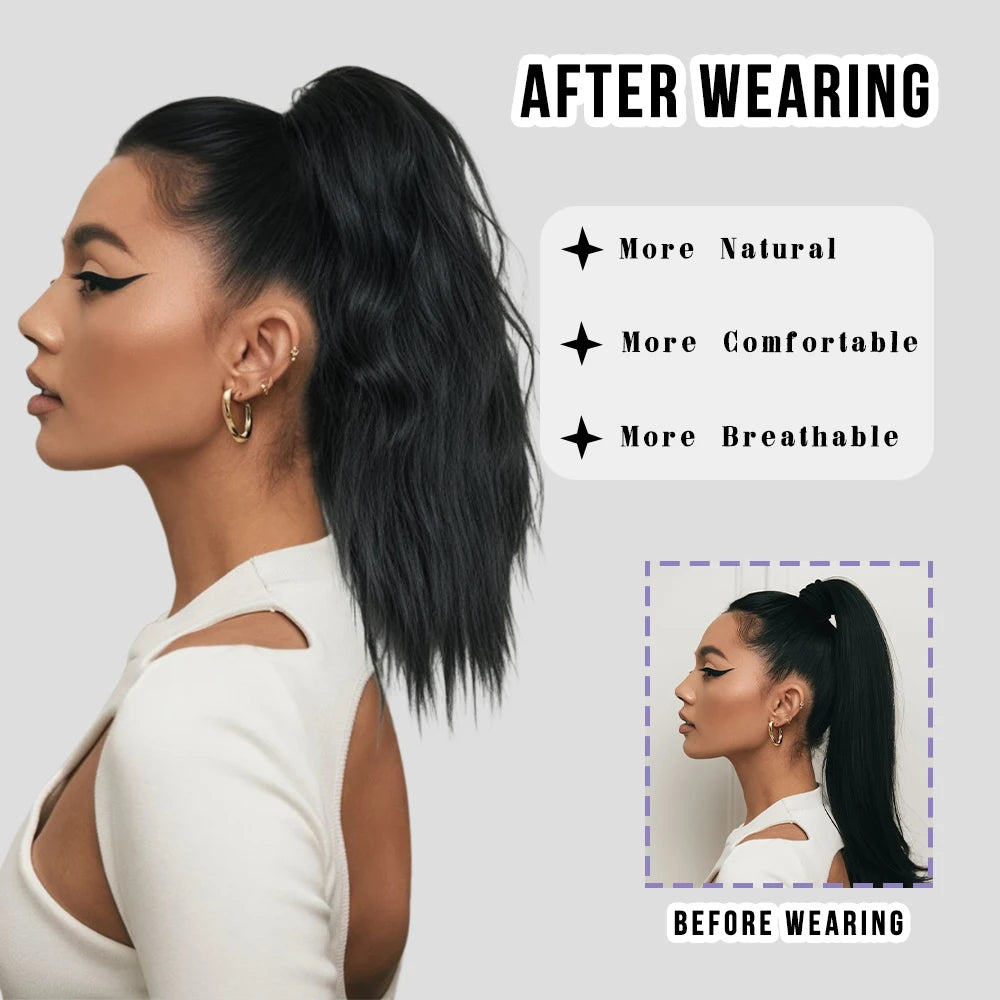 Adjustable 18-Inch Black Curly Ponytail Wig for Women with Synthetic Hair and Wig Clips