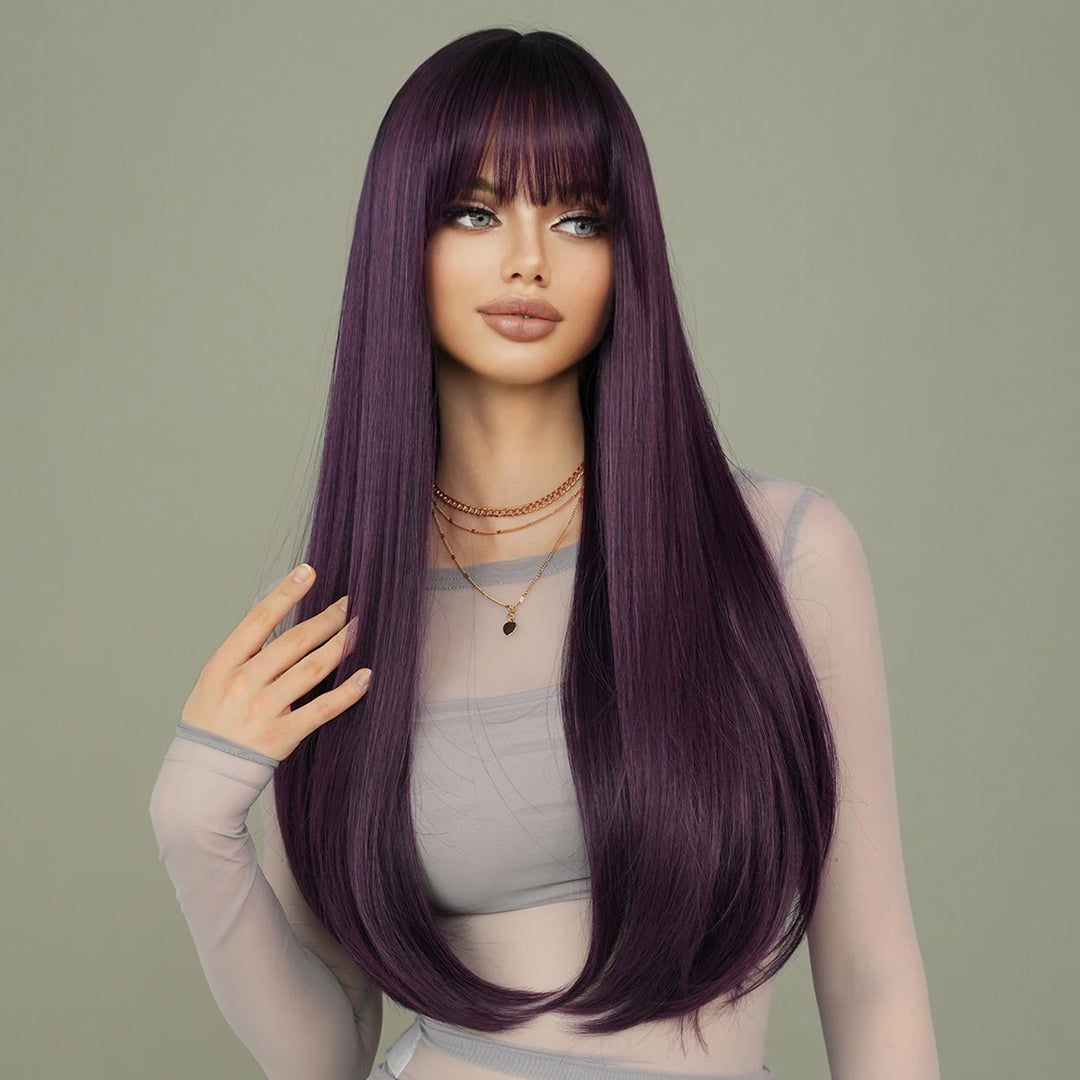 Ombre purple synthetic wig with bangs, 28 inches long, heat resistant fiber.