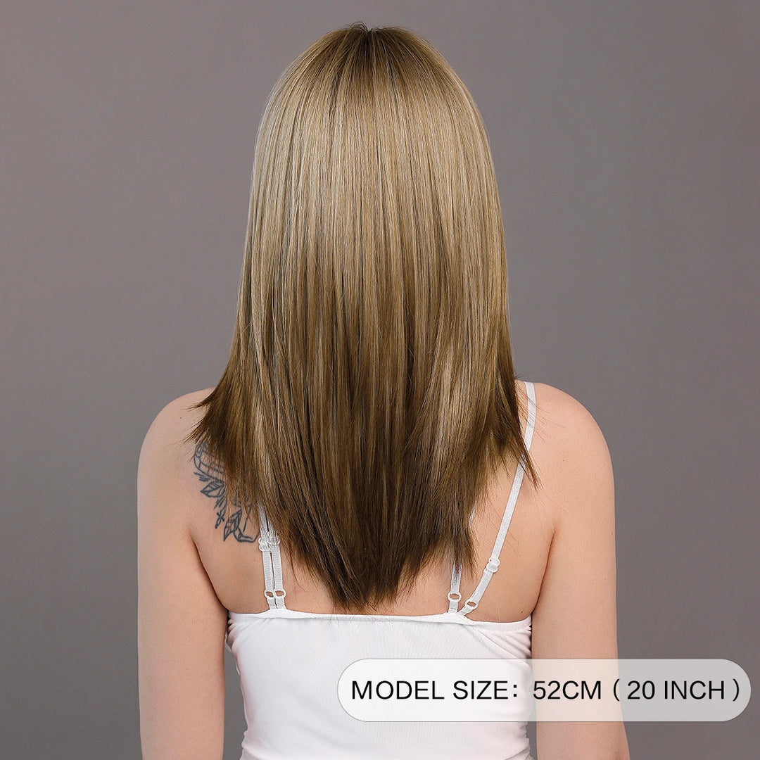 Ombre Blonde Wigs for Women Medium Length Straight Layered Synthetic Wigs With Bangs