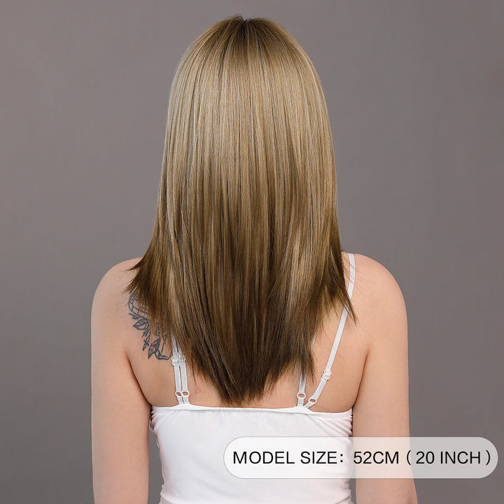 Ombre Blonde Wigs for Women Medium Length Straight Layered Synthetic Wigs With Bangs