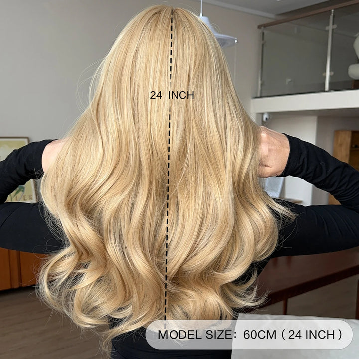 26 Inch Long Blond Curly Hair Wig with Bangs Synthetic Matte Hair Wig for Women.