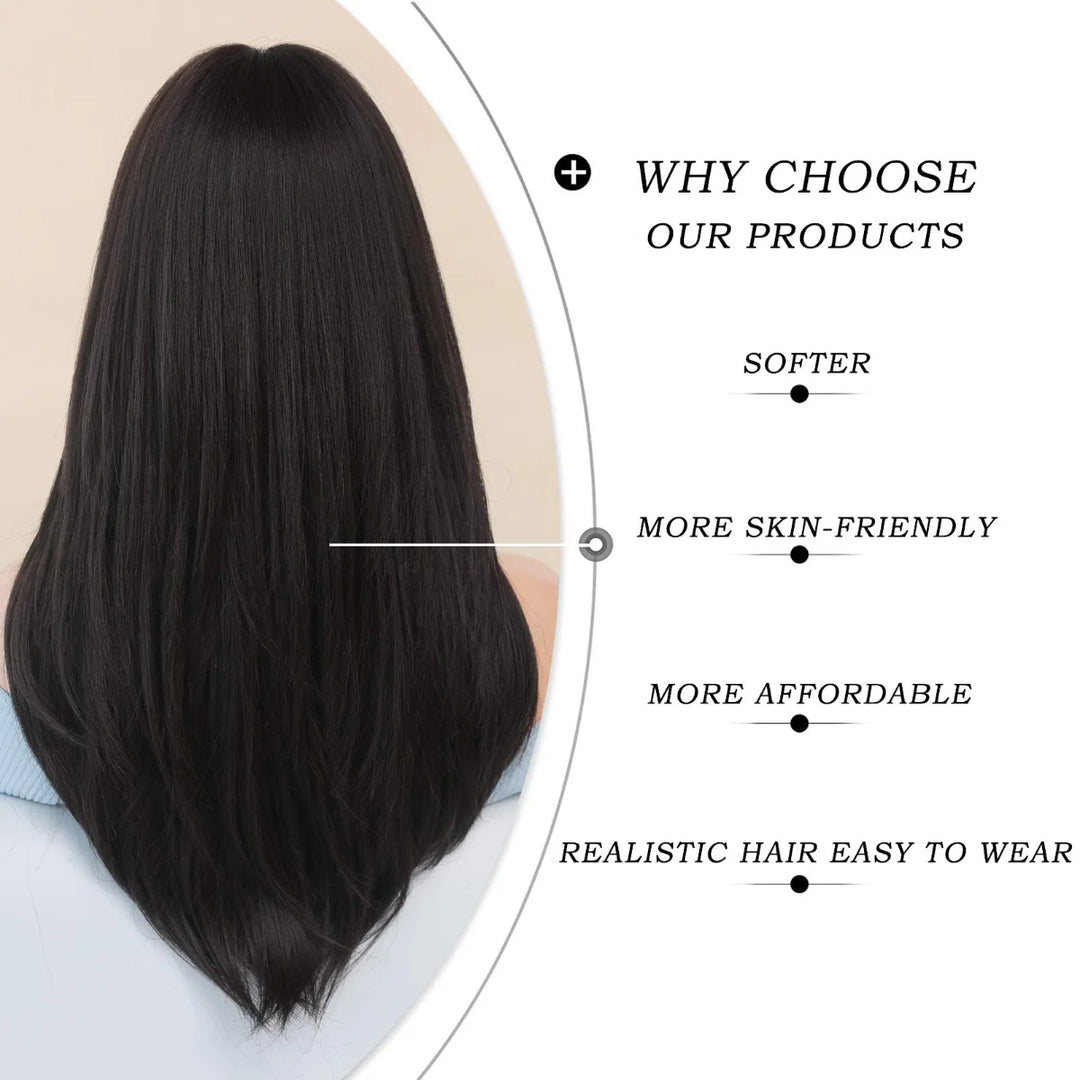 Long black wig with bangs for women. Made of heat-resistant synthetic hair. Perfect for daily wear.