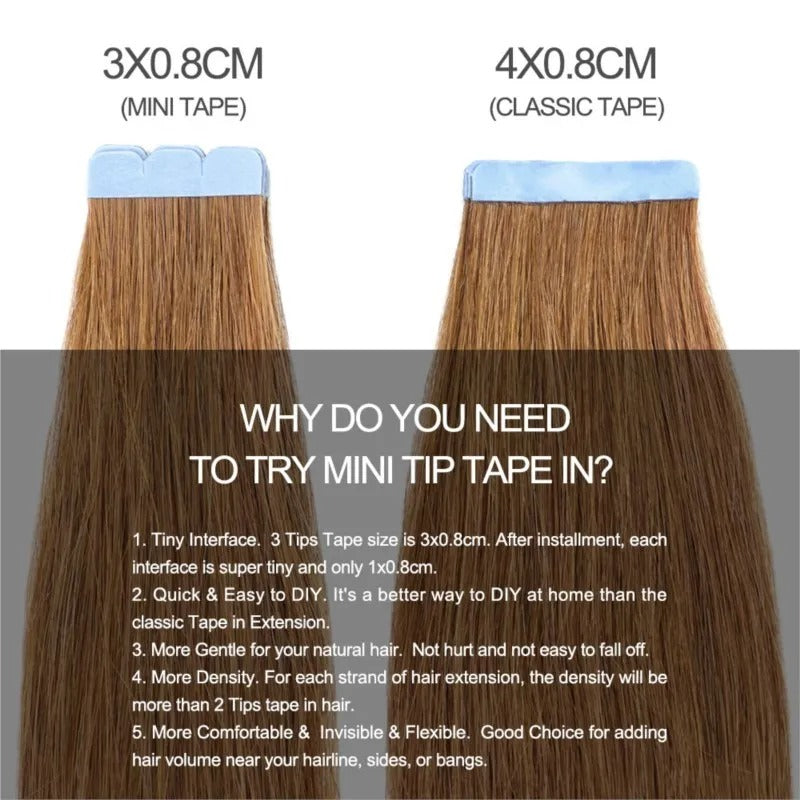 Mini Tape-In Hair Extensions – 100% Human Hair Skin Weft | Machine-Remy | 10pcs Pack for Side or Highlighted Volume