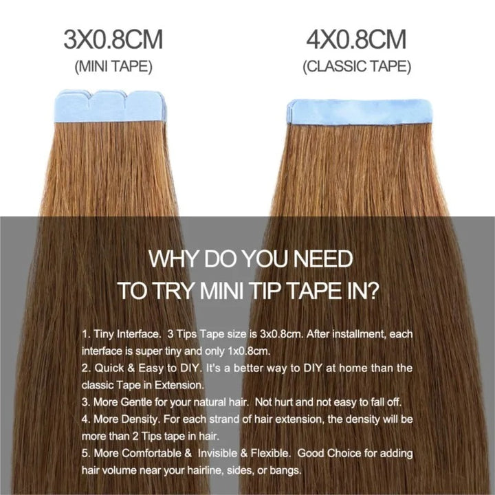 Mini Tape-In Hair Extensions – 100% Human Hair Skin Weft | Machine-Remy | 10pcs Pack for Side or Highlighted Volume