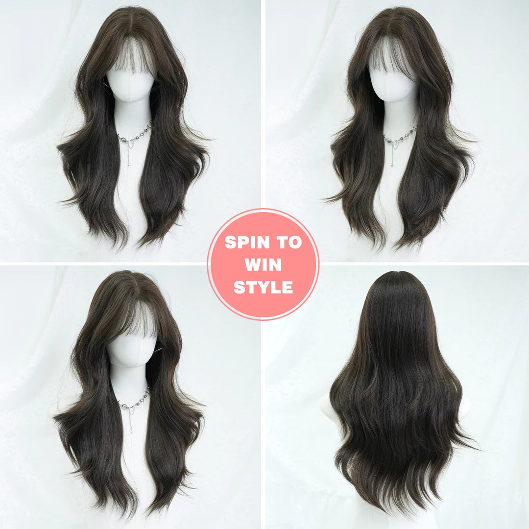 Monotop U Part Lace Long Curly Wig with Bangs for Women, 26 Inches, Heat Resistant Synthetic Brown Wig