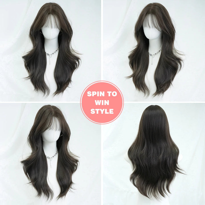 Monotop U Part Lace Long Curly Wig with Bangs for Women, 26 Inches, Heat Resistant Synthetic Brown Wig