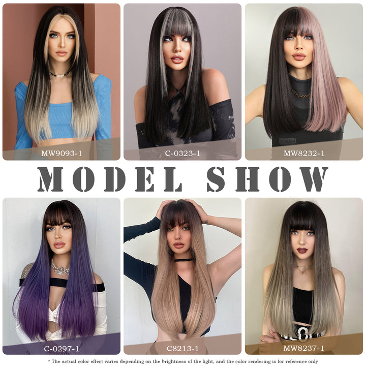 Ombre Gray Wigs Long Straight Perruques with Bangs Platinum Blonde Synthetic Wig for Women. Perfect for Anime Cosplay and Lolita style.
