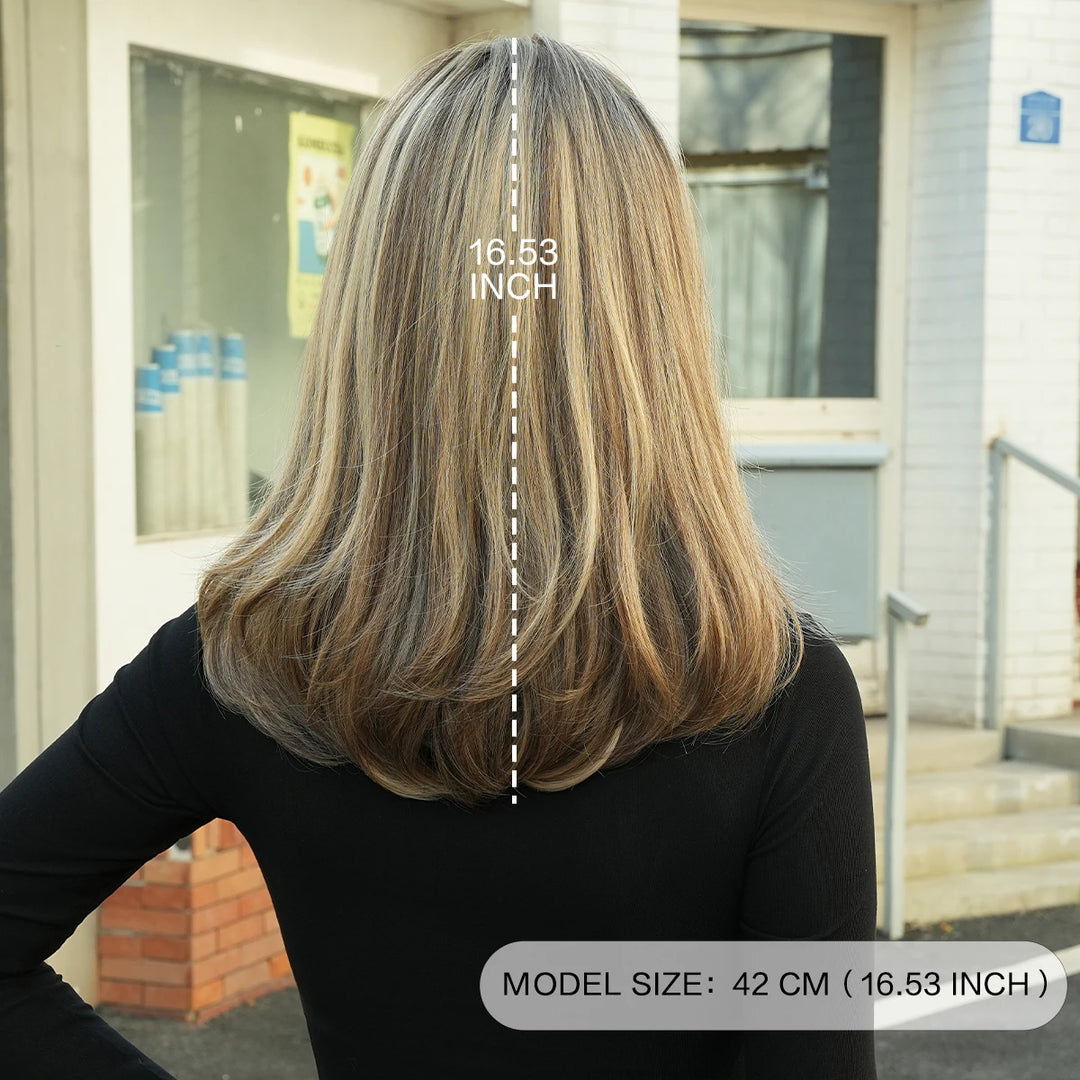 16 Inch Ombre Honey Blond Shoulder Length Straight Synthetic Heat Resistant Wig for Women Natural Hair Slit Matte Hair Wig