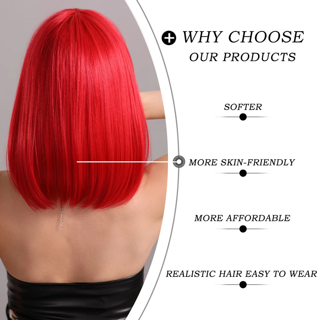 Short red wig with bangs for women, perfect for parties and cosplay. Made of heat-resistant synthetic material.