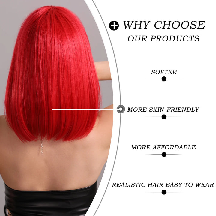 Short red wig with bangs for women, perfect for parties and cosplay. Made of heat-resistant synthetic material.