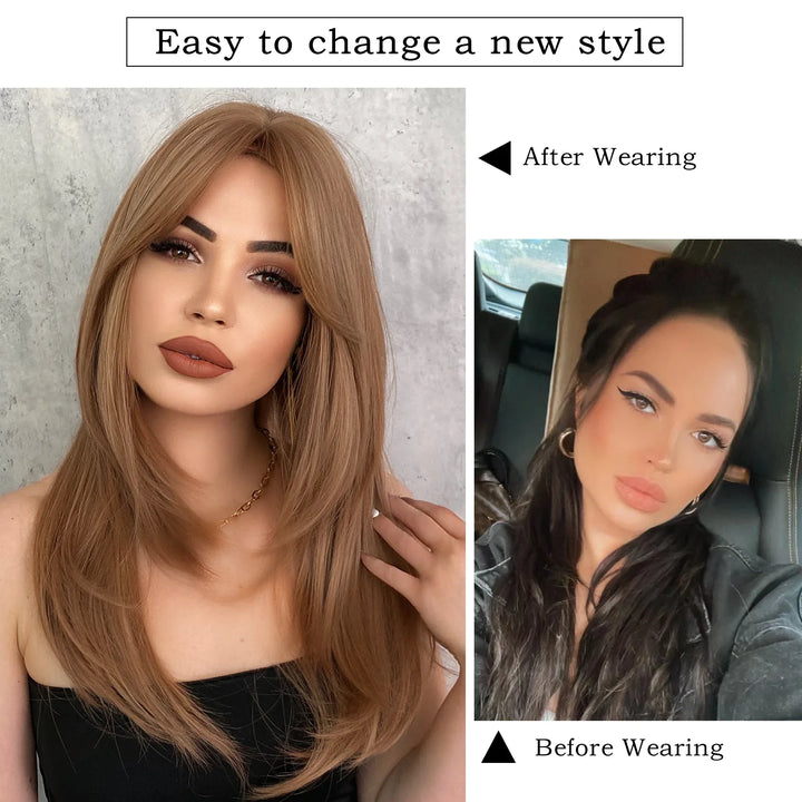 Green Highlight Layered Wig with Curtain Bangs, Synthetic Heat Resistant Hair Wig for Women.