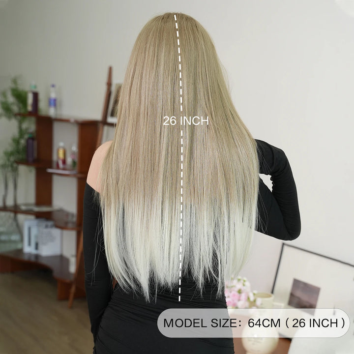 Synthetic hair wig with long straight hair, bangs, middle part, and highlight gray color. Perfect for women, cosplay, and drag queens.