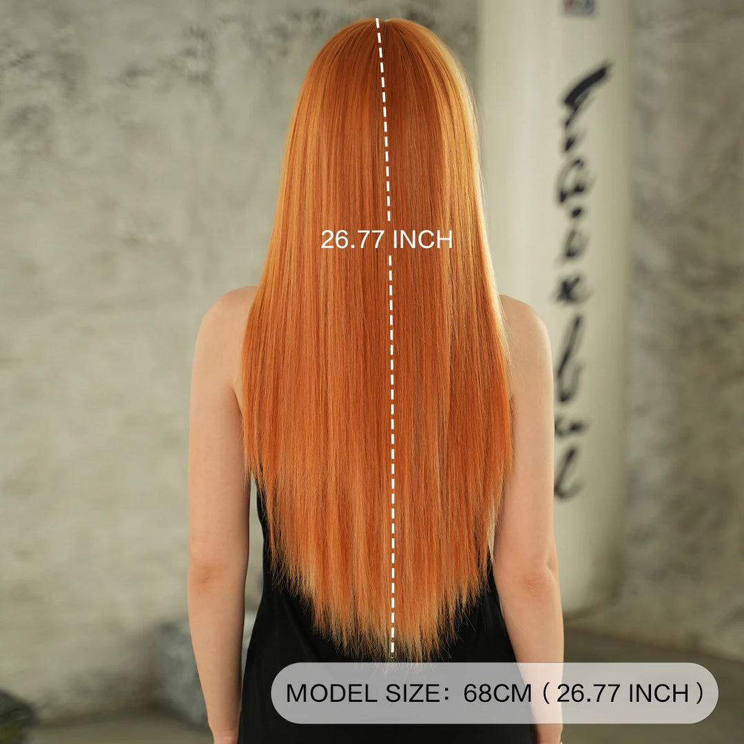 Orange Blonde Long Straight Wig with Bangs Synthetic Cruella De Vil Costume Hair Wig for Women Cosplay Anime Party Halloween.