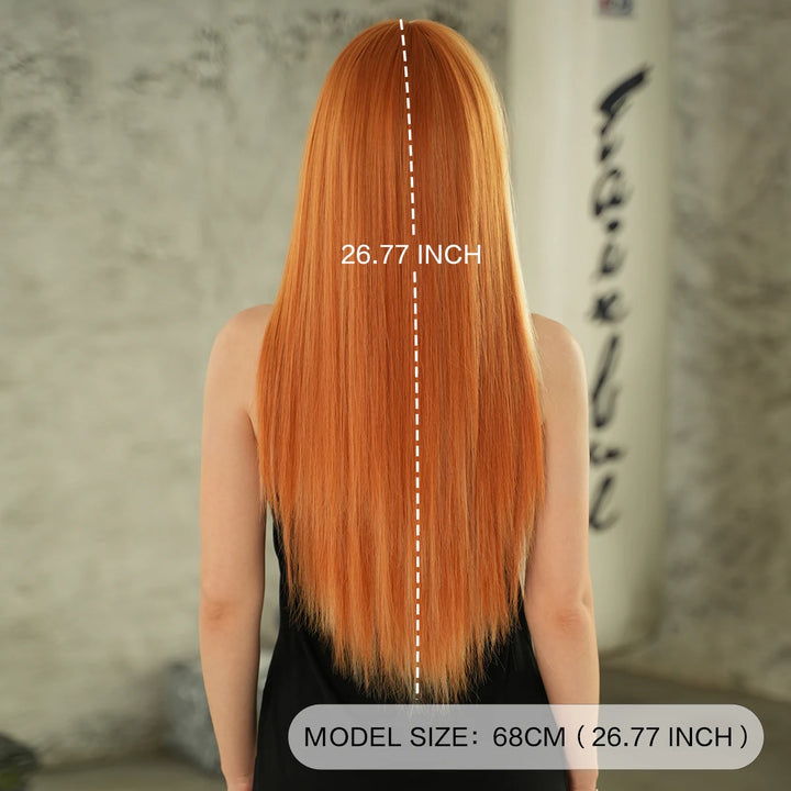 Orange Blonde Long Straight Wig with Bangs Synthetic Cruella De Vil Costume Hair Wig for Women Cosplay Anime Party Halloween.