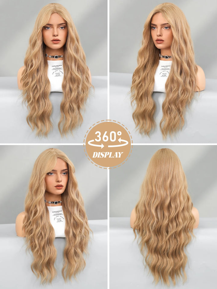 28" Blonde Curly Lace Front Wig with Bangs - Heat Resistant Synthetic Hair for Women
