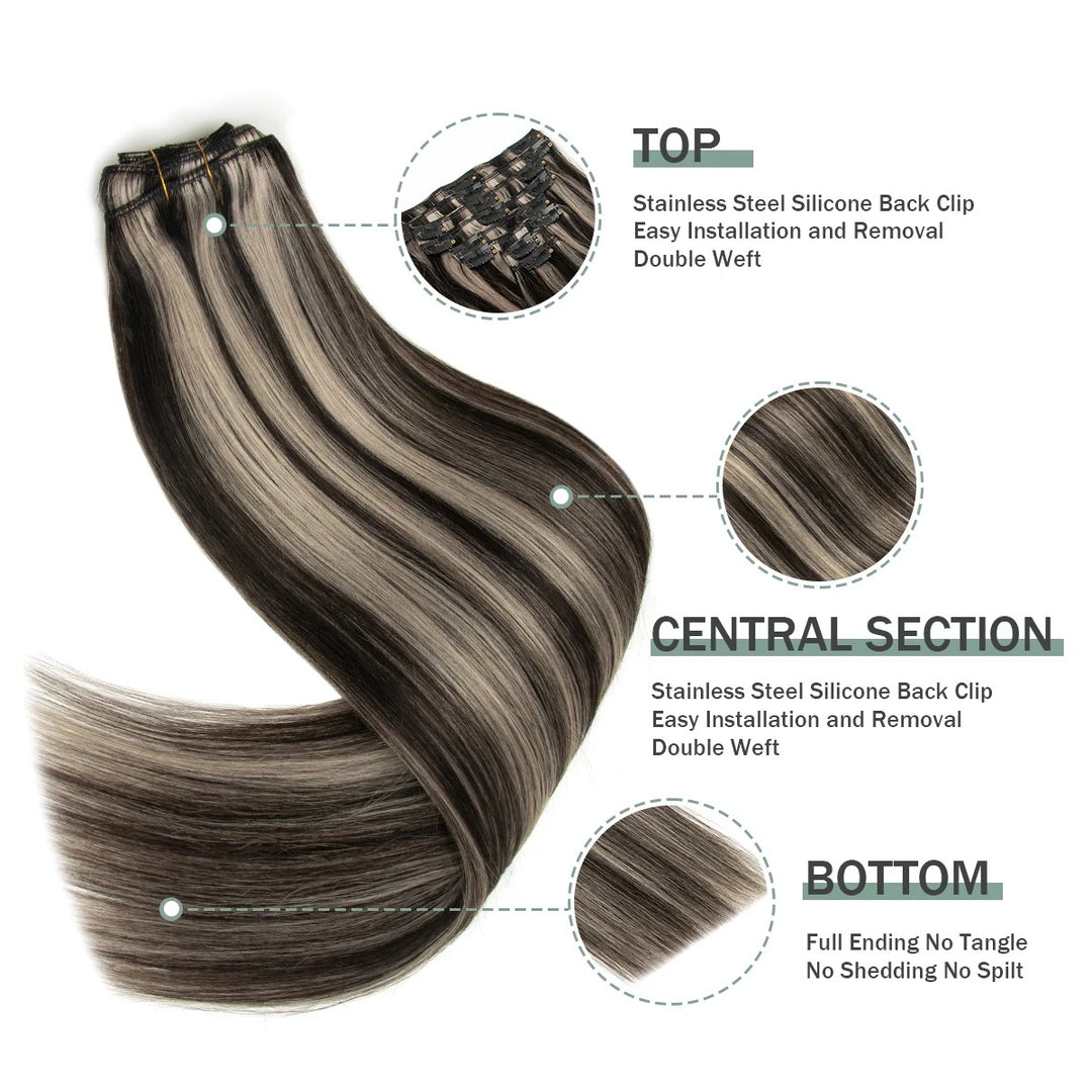 "100% Real Remy Human Hair Clip-In Extensions – Double Weft, Seamless Clip-On, 7PCS, 12-24 Inches"