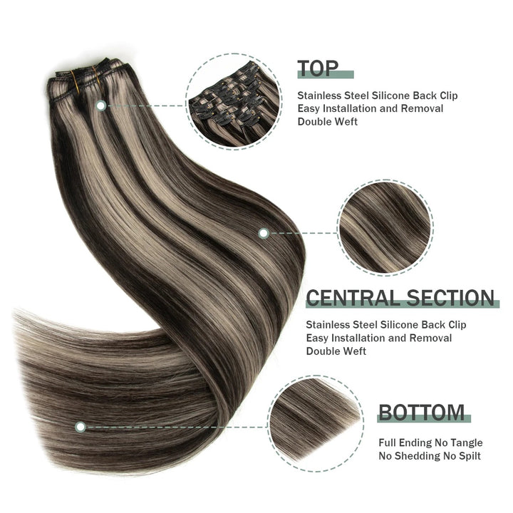 "100% Real Remy Human Hair Clip-In Extensions – Double Weft, Seamless Clip-On, 7PCS, 12-24 Inches"