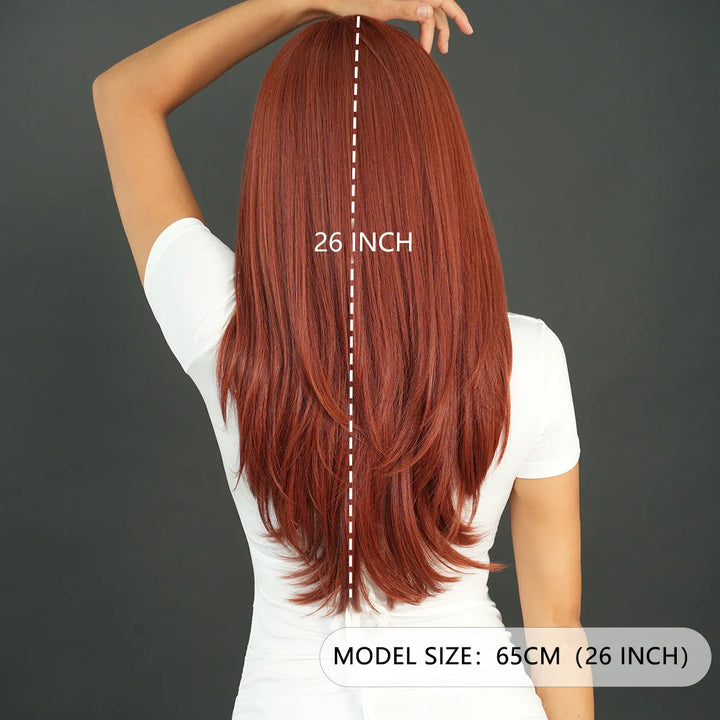 26" Long Wavy Red Layered Wig with Bangs, Synthetic Heat Resistant Hair for Daily Use.