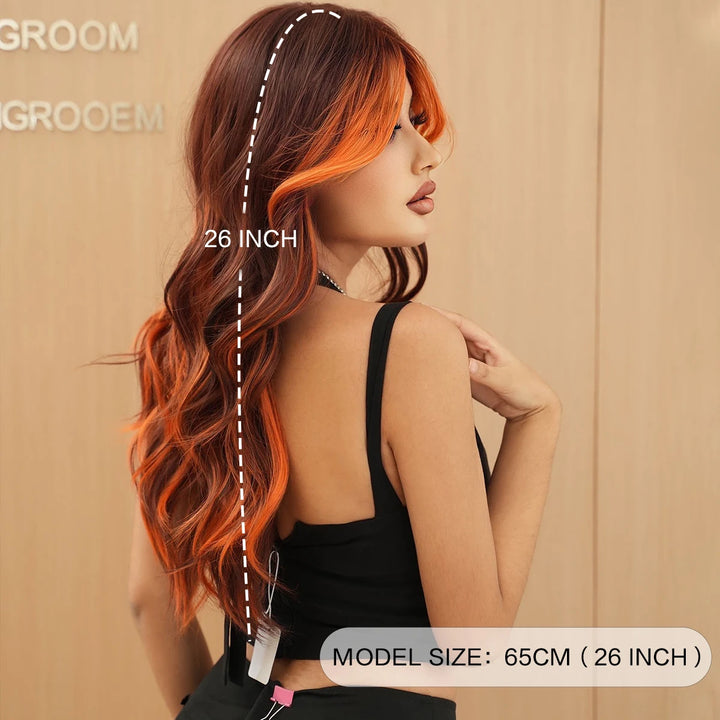 Ginger Orange Wig with Highlights - Synthetic Hair Wig with Brown Skunk Stripe, Long Wavy Style, Heat Resistant Fiber.