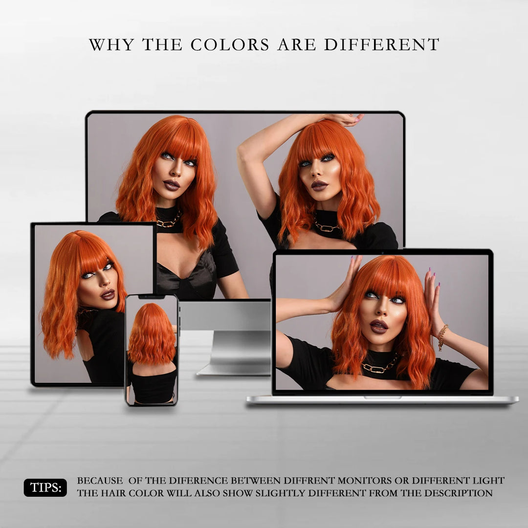 Ginger Orange Wig - Short Curly Wavy Bob Wig for Women with Bangs, Shoulder Length Synthetic Colored Halloween Cosplay Copper Hair.