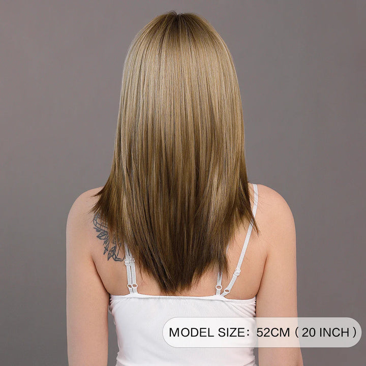 Ombre Blonde Wigs for Women Medium Length Straight Layered Synthetic Wigs With Bangs