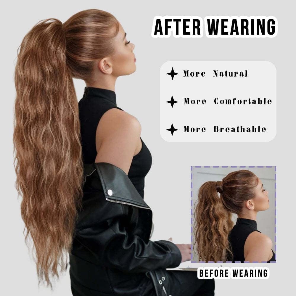 34 Inch Women's Black Synthetic Deep Wave & Water Wave Adjustable Size Ponytail Wig with Clip in