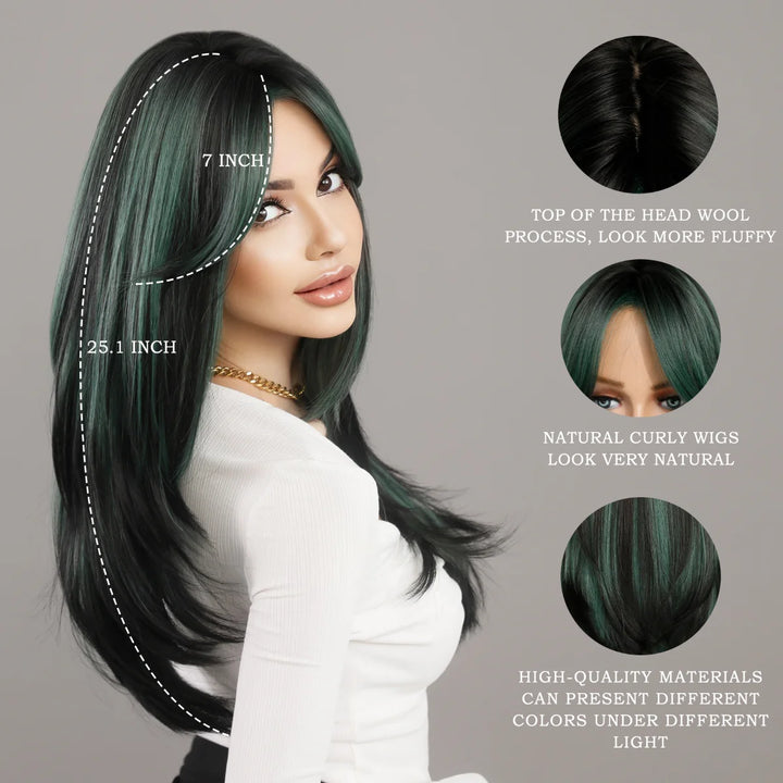 Green Highlight Layered Wig with Curtain Bangs, Synthetic Heat Resistant Hair Wig for Women.
