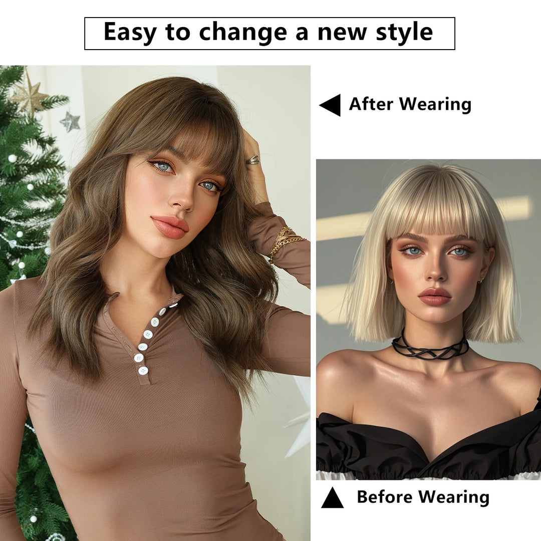 22" Curly Brown Synthetic Hair Wig, Shoulder Length, Water Wavy, Heat Resistant Fiber, Natural Look, Matt Finish.