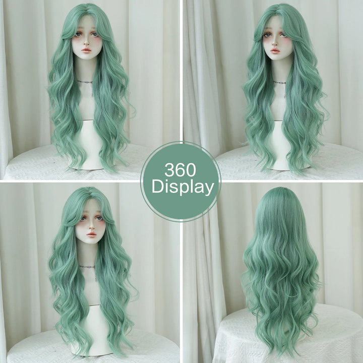 28-inch long water wave light green middle-parted synthetic matte hair wig for women. Heat-resistant lace front wig.