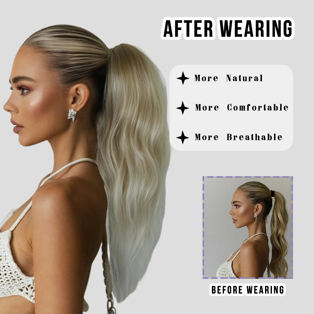 20 Inch Women's Wig with Cinnamon Gold Highlights Adjustable Size Black Curly Ponytail Synthetic Hair and Black Wig Clips