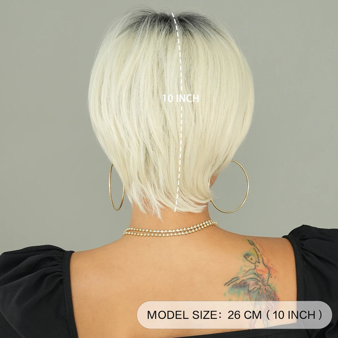 10 Inch Short Pixie Cut Hair Wigs for Women in Platinum Blonde. Layered Synthetic Ombre White Hair Wig for White Women.