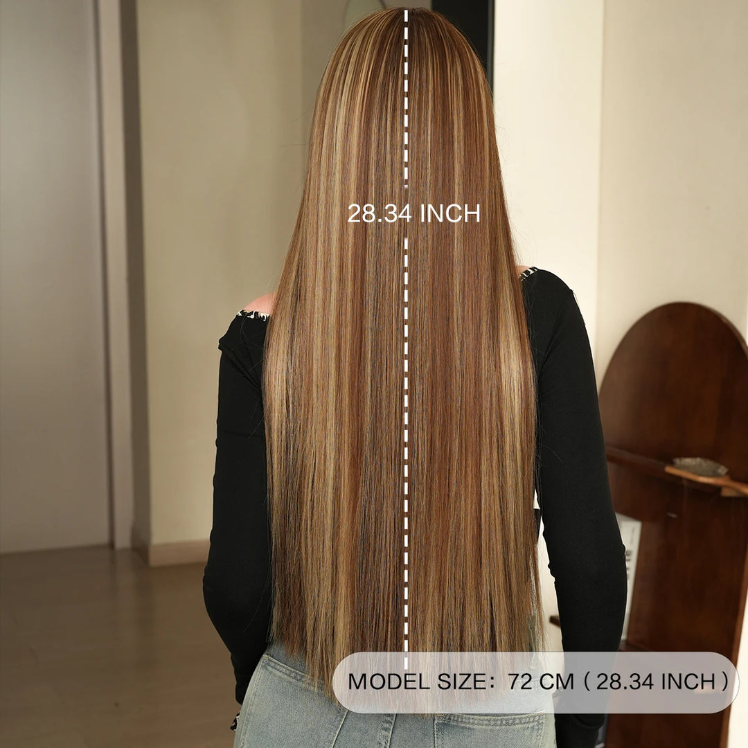 28 Inch Honey Blond Wig with Bangs, Long Straight Synthetic Wig for Women. Natural looking and suitable for daily use.