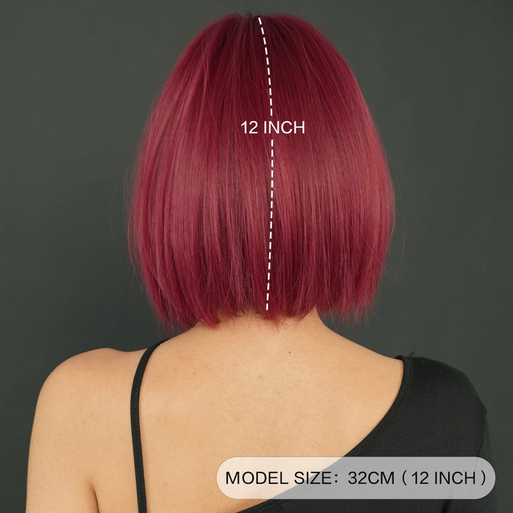 12-inch Short Bob Straight Wig with Bangs - Natural Red Yaki Synthetic Heat Resistant Burgundy Red Hair for Party Cosplay.