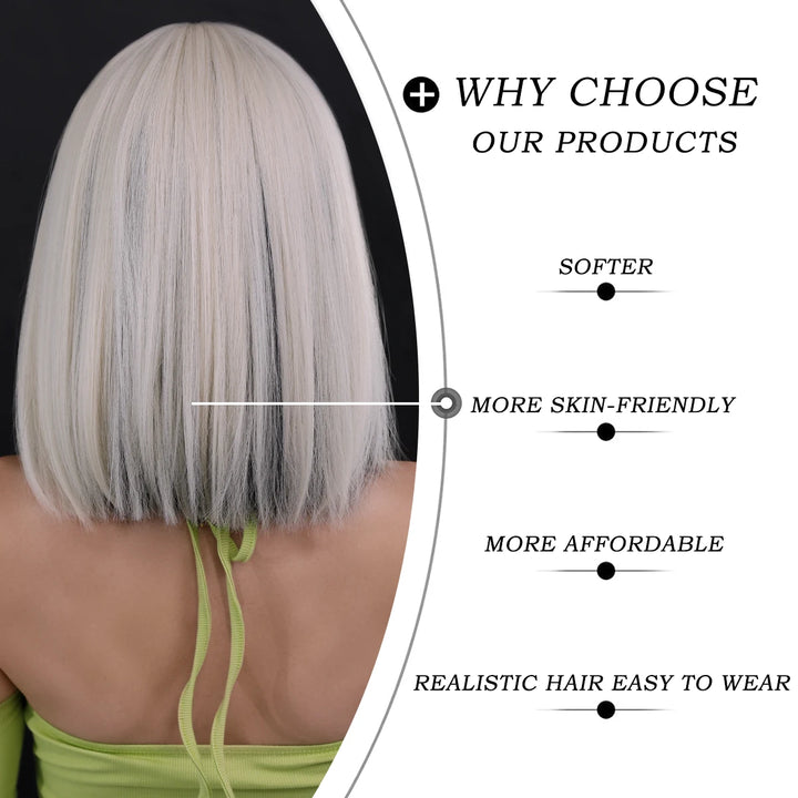Black Bob Wigs with Bangs, Synthetic Straight Bob Wigs for Women, Heat Resistant 12 in Hair