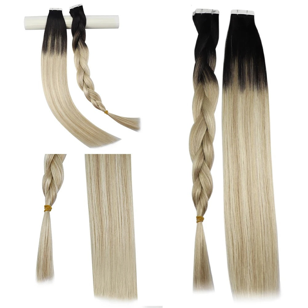 Tape-In Human Hair Extensions – Remy Hair, Straight, Natural Soft Skin Weft, Seamless & Reusable Tape-In Hair