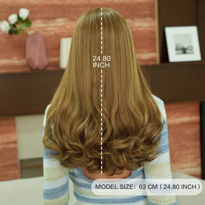 24-inch long curly middle-parted blond synthetic hair wigs with bangs. Blonde heat-resistant fiber natural matte wigs. Peluca.