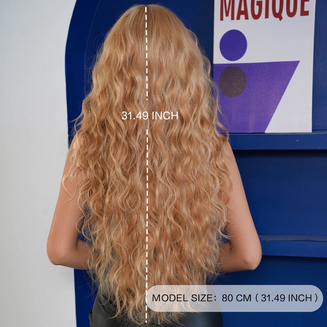 Extra Long Blonde Water Wavy Wig with Bang for Women - 32 Inch Synthetic Glueless Wig with Natural Matte Hair