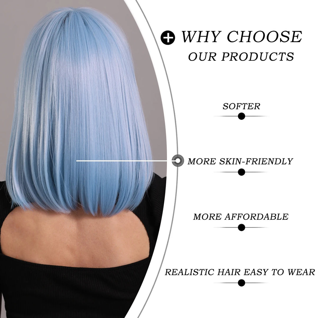 Light Blue Bob Wig with Bangs, Shoulder Length Synthetic Wig for Cosplay Party