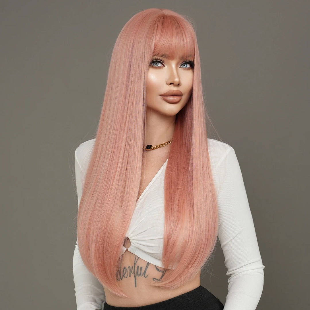 Long straight light pink high-quality synthetic hair with bangs for women. Made from heat-resistant fiber, this 28-inch wig is a hot selling item.